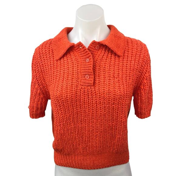 ILLA ILLA Women's Orange Chunky Knit Button collar Crop Polo Sweater Top Size S - Picture 1 of 4